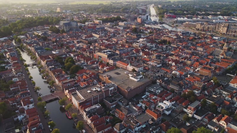 Grote or St. Laurentiuskerk and houses in Alkmaar City, North Holland Province, Netherlands.