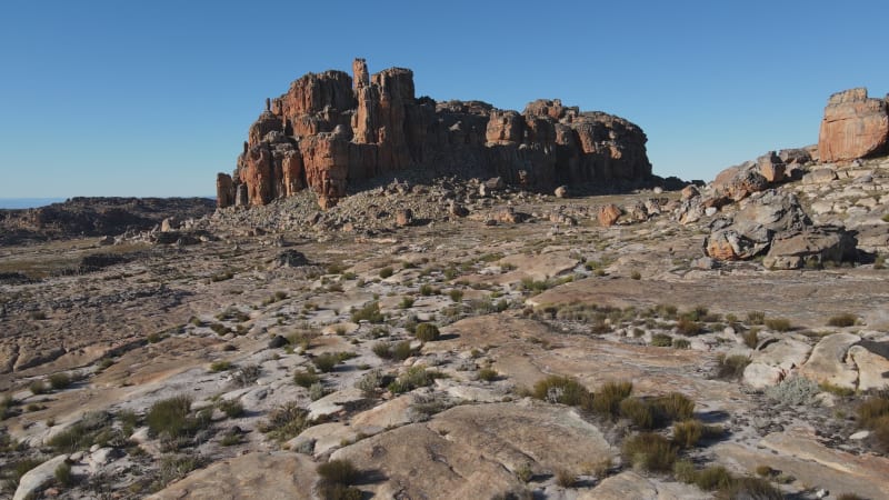 Aerial view of man and woman hiking near Wolfberg Arch, Western Cape, South Africa.