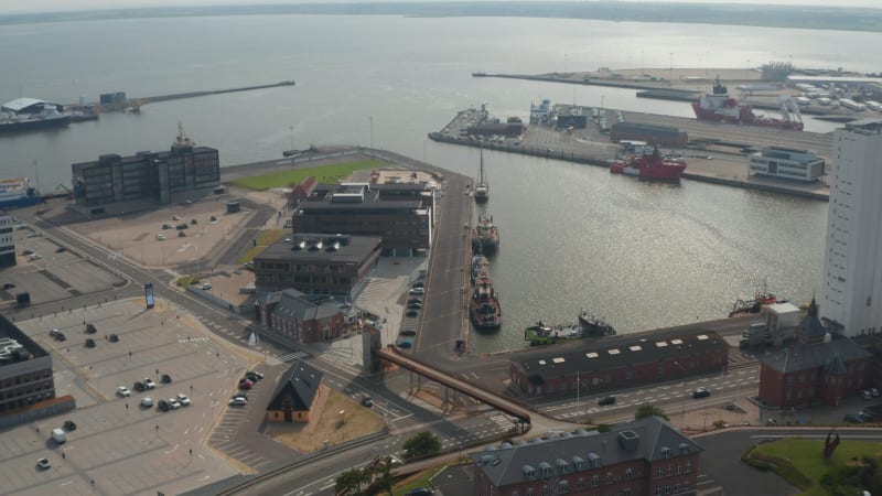 Aerial view of Esbjerg harbor, one of the largest harbor of the North Sea. This harbor is the primary port for oil and gas sector and leading for offshore wind in Europe