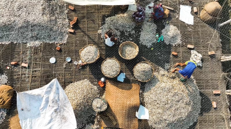 Aerial View of people working in a market in Ashuganj, Brahmanbaria, Bangladesh.