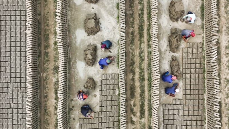 Aerial View of a brick factory near Keraniganj, Bangladesh.