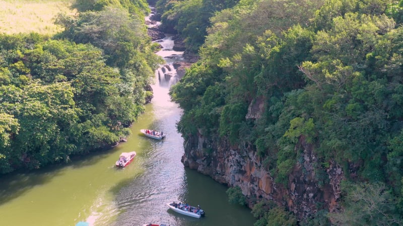 Aerial view of Grand River Waterfall, Island of Mauritius.