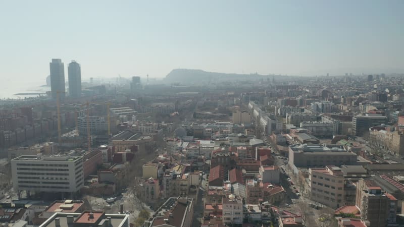 Barcelona Wide Drone of Hazy Cityscape