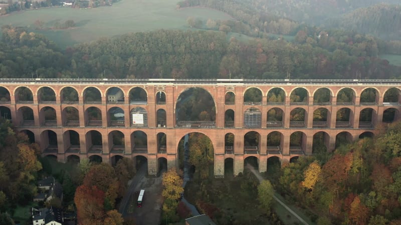 Goltzsch Brick Viaduct in Germany on a Foggy Autumnal Morning Aerial View