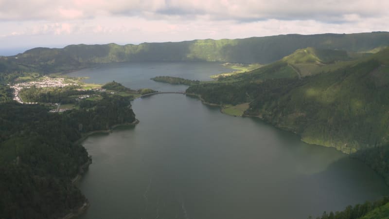 Aerial view of abandoned hotel near Lagoa Azul lake.