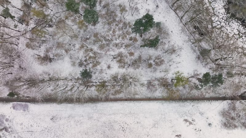 Aerial view of nature area Witte Veen with snow, Twente, Overijssel, Netherlands