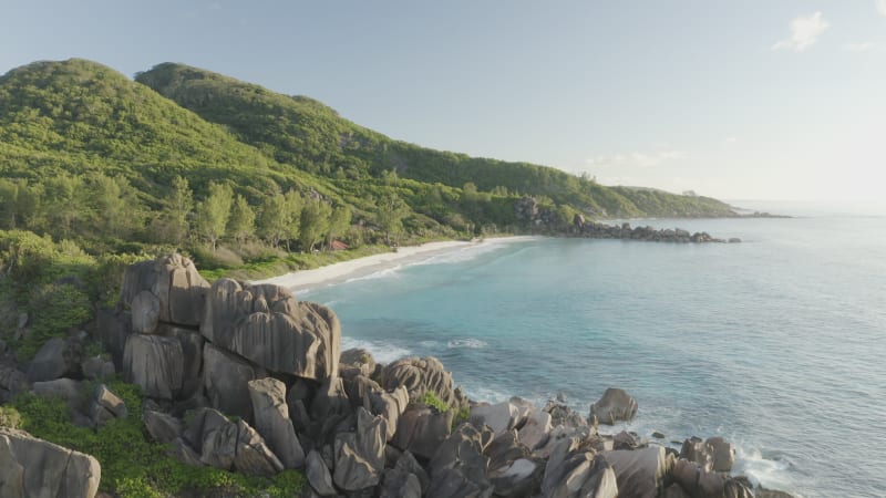 Aerial view of a beach, La Digue and Inner Islands, Seychelles.