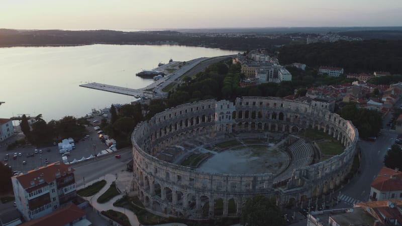 Aerial view of Pula arena and amphitheater in Pula old town, Croatia.