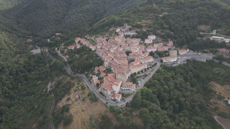 Aerial view of Marciana, a small town on the hilltop, Elba Island, Italy.