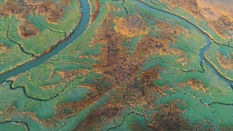 Aerial view of small river crossing wetland during sunset.