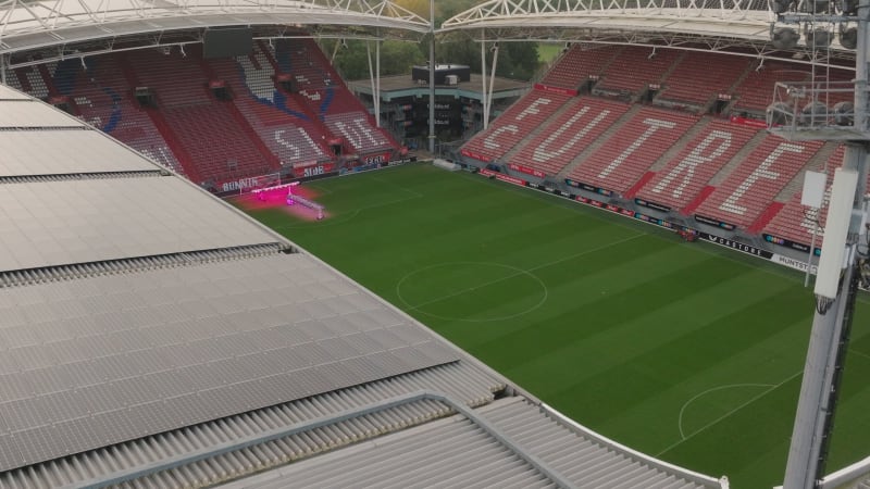 Aerial shot of stadium light poles at the soccer field of FC Utrecht in the Galgenwaard stadium