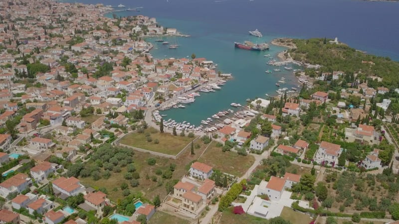 Aerial view of big boat harbor on bay at Nisi.