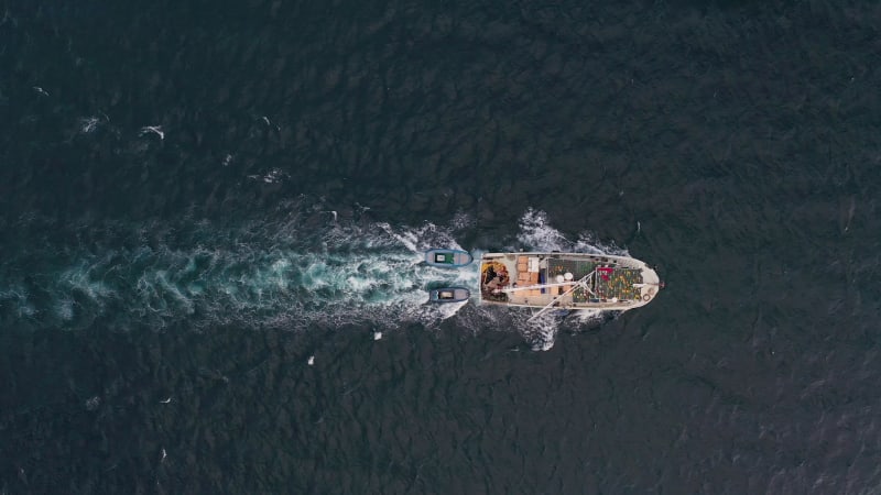 Aerial view of fishing boat sailing at Adriatic sea, Rijeka.