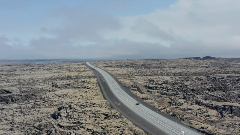 Aerial view of Ring Road in Iceland. Street Highway Ring road No.1 in Iceland, with scenic surreal landscape