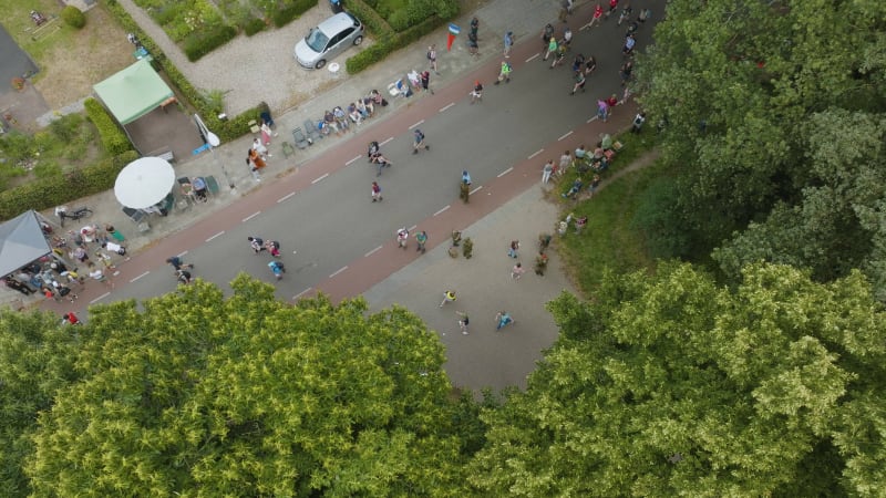 Aerial shot of 2023 International Four Days Marches of Nijmegen city. People walk 50km per day