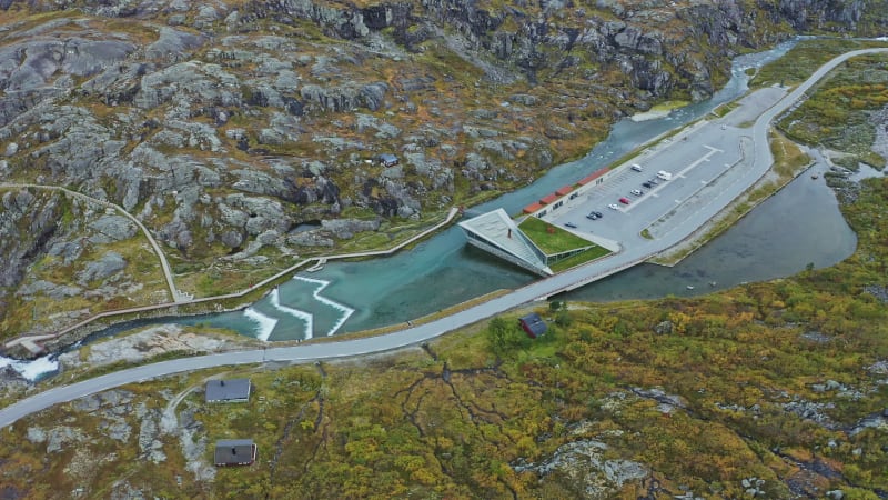 Rocky landscape and entrance gate to Trollcesta, Norway.