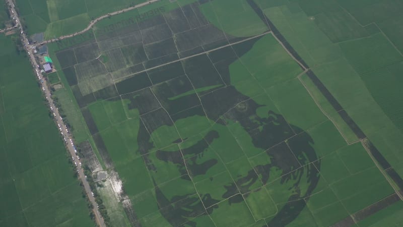 Aerial view of Sheikh Mujibur Rahman portrait in Bogra, Bangladesh.