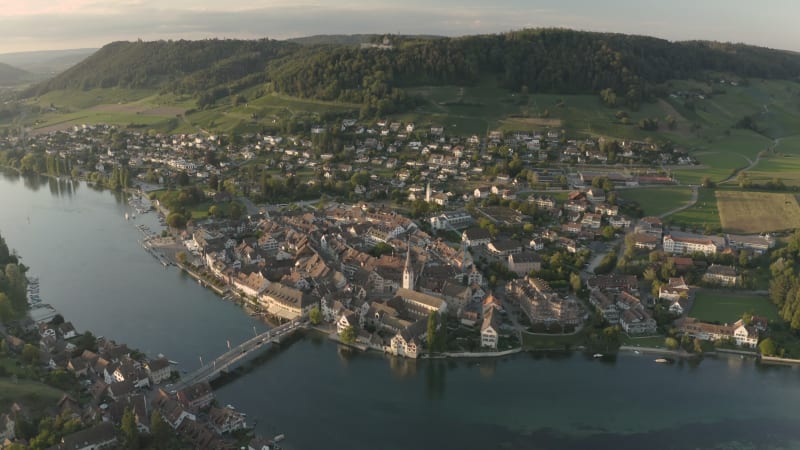 Aerial view of the beautiful town of Stein am Rhein on Rhein riverside.