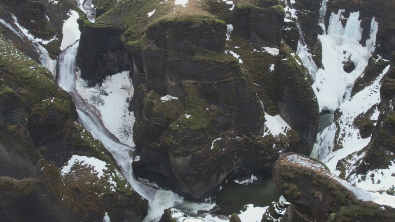 Aerial view of Fjardarargljufur canyon with river in wintertime, Iceland.