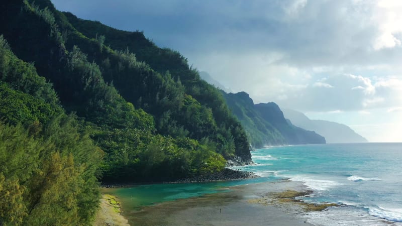 Aerial drone view of Ke'e Beach, Kauai, Hawaii, United States.