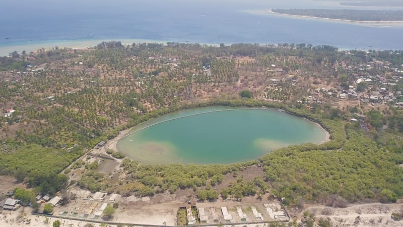 Aerial view of leake near the sea shore in West Nusa Tenggara