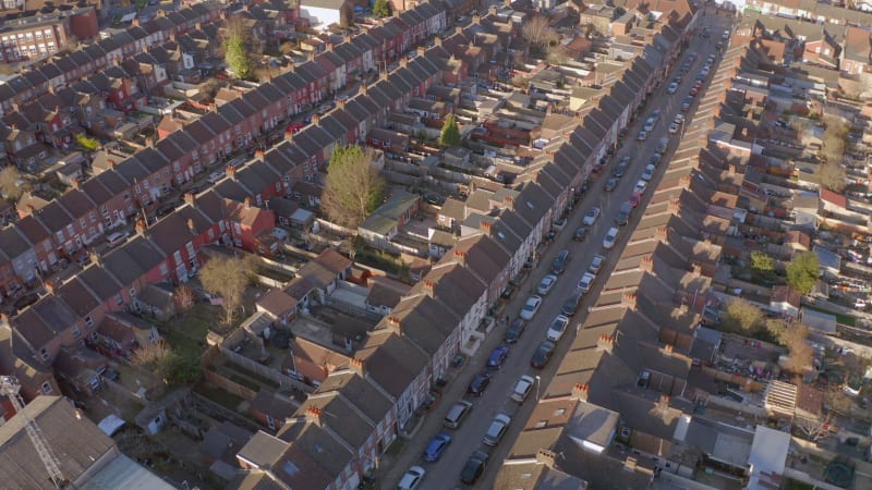 Aerial View of Terraced Working Class Housing in Luton at Sunset