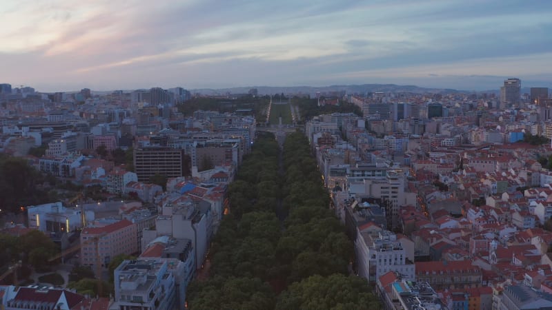 Aerial slow dolly in view of large public park Parque Eduardo VII with lush green vegetation in urban city center of Lisbon, Portugal