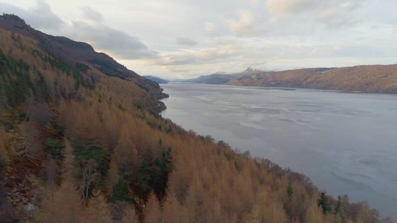 Aerial View of Loch Ness and Surrounding Forests in Scotland