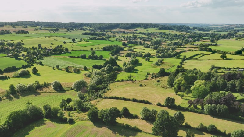 Aerial view of valley in hilly countryside, Geuldal, Zuid Limburg, Netherlands