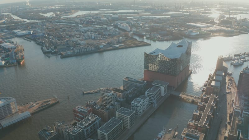 Aerial view of Elbphilharmonie concert hall building on the river bank of Elbe river in Hamburg city center