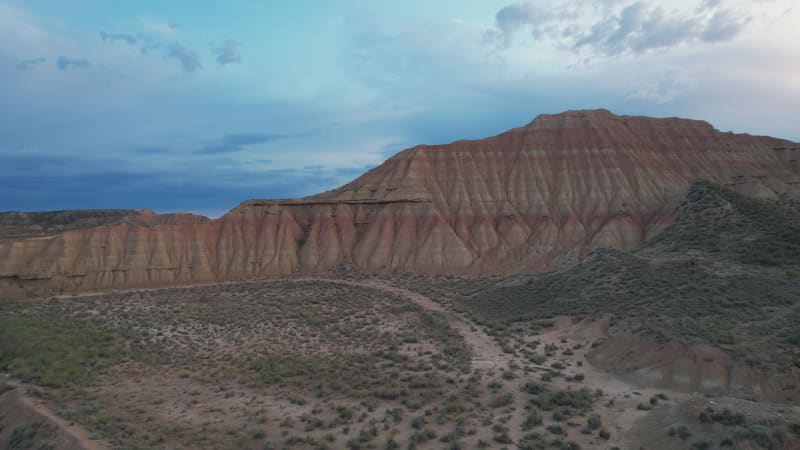 Aerial view of Bardenas Reales mountain at sunset, Spain.