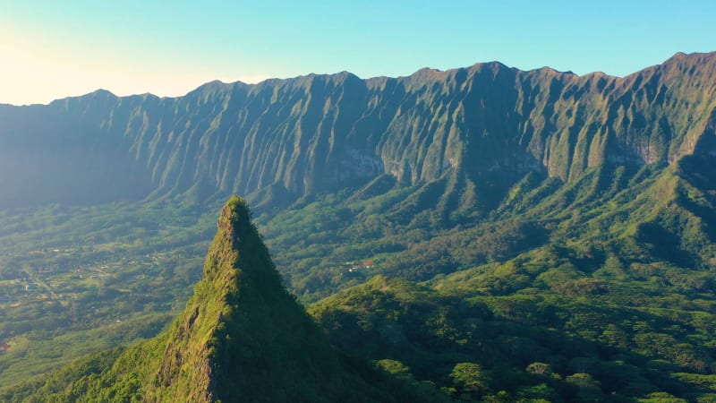 Panoramic Aerial View of Mt Olomana, Oahu, Hawaii, United States.