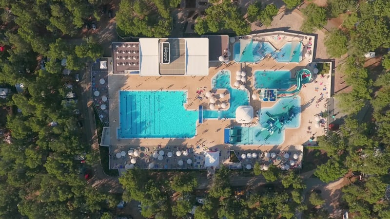 Aerial view above of aquapark full of people, Mali Losinj.