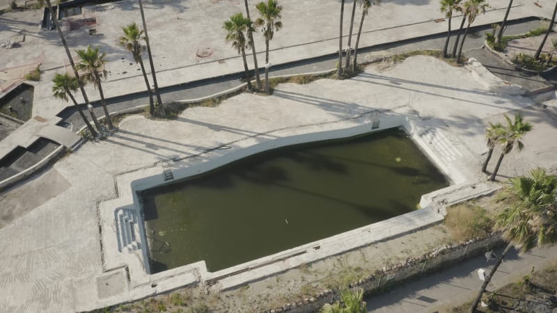 Aerial View of Devastation: Burned Down Swimming Pool and Resort in Estepona, Spain