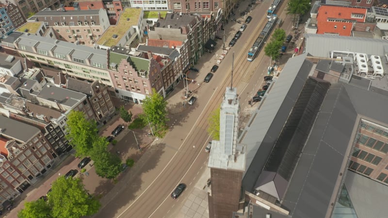 Amsterdam Street with Public Transport Tram from Aerial Drone Perspective