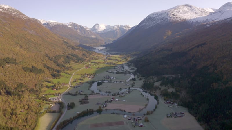 Stryn Town and Valley With Beautiful Winding River in the Early Morning