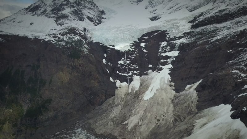 Aerial view of glacier waterfall in Cisnes, Region de Aysen.