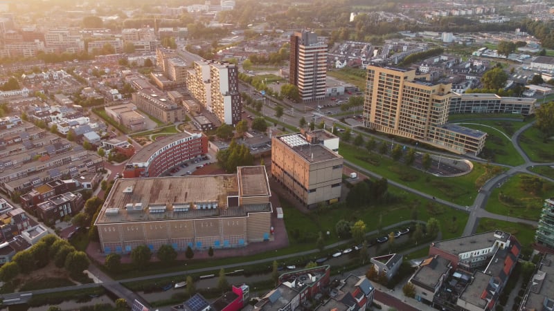 Multi-story buildings, roads and tunnels in Leiden, South Holland, Netherlands.