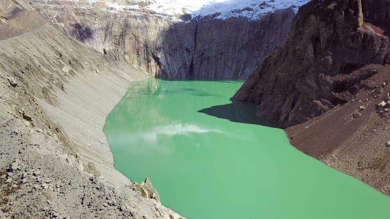 Aerial view of mountains and lake in Torres del Paine national park.