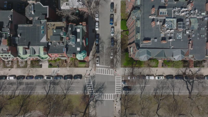 Apartment buildings and streets in residential urban borough. Birds eye view of city in early spring. Boston, USA