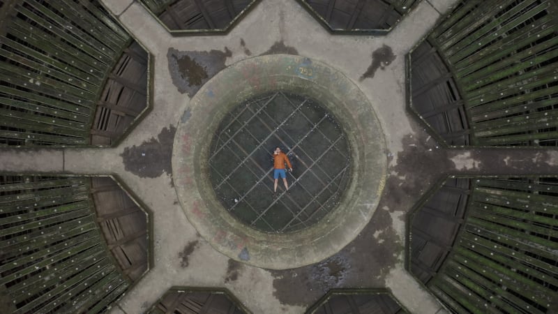 Aerial view of a man in a Power Plant, Charleroi, Belgium.