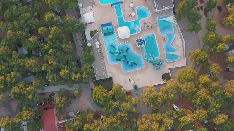 Aerial view above of aquapark full of people, Mali Losinj.