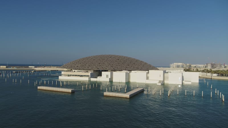 Aerial view of the Louvre, an art museum in Abu Dhabi.