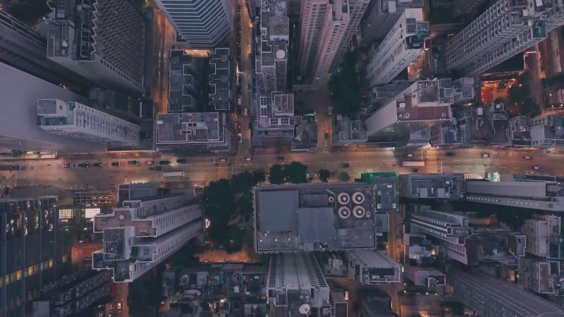 City centre traffic at night in Hong Kong Island Central. Aerial drone view