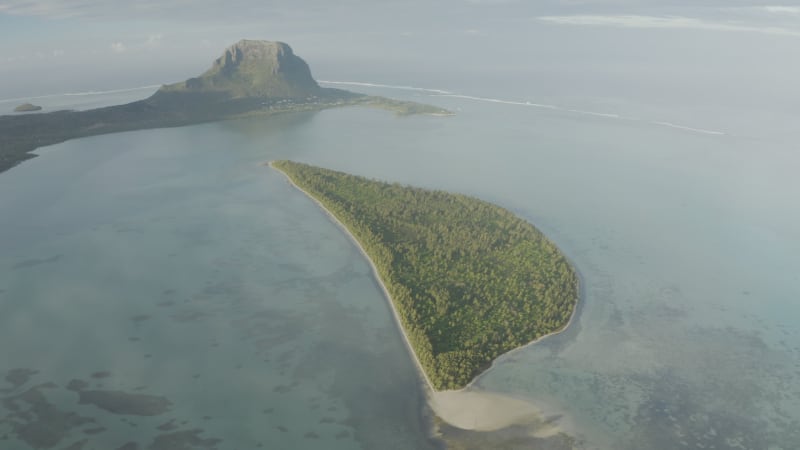 Aerial view of Ile aux Benitiers, a tiny reef in Mauritius.