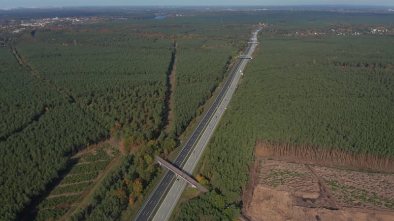 Long German Highway Autobahn in between Forest Rural Landscape, Aerial View from above