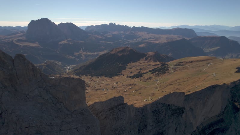 Aerial View of Italian Alps in Autumn in Seceda, Dolomites, Italy.