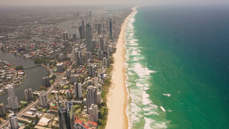 Aerial view of Gold Coast cityscape during the sunset