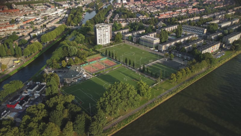 The PVC Voetbal (Football) club and water canals in Oog in Al, Utrecht, the Netherlands.