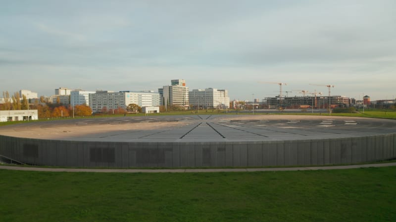 Scenic View of an Abstract Building Architecture in middle of German City, Futuristic Sculpture in Urban Area, Aerial View